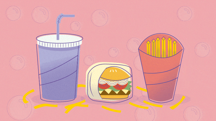 Fast food convenience, fries, drink, hamburger on pink background with Covid virus floating around