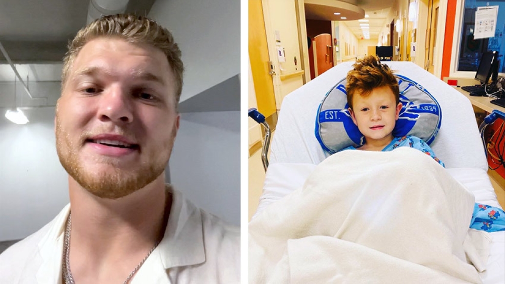 football player close up on left and child in hospital bed on right