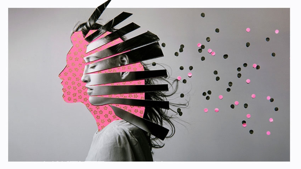 Collage woman pink face confetti and mind