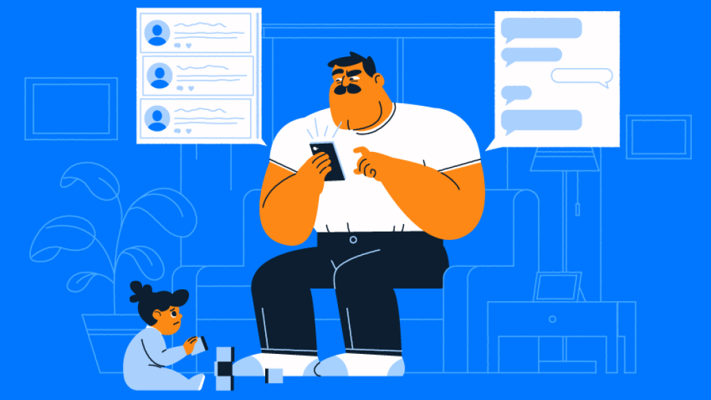 father with white shirt and black pants on who is on his cell phone with kids sitting on floor with blocks and bubbles on right and left of the dad with bright blue background
