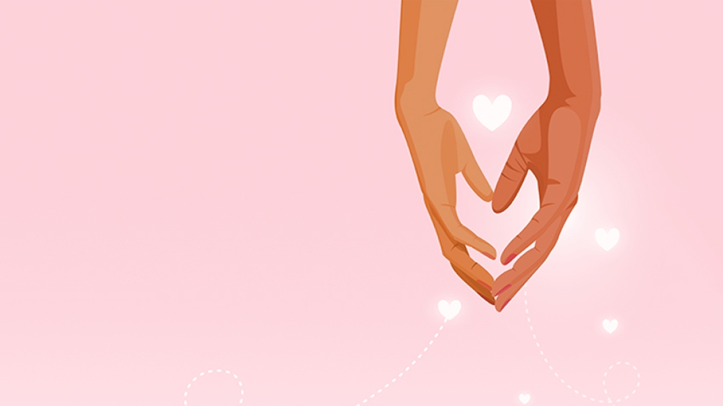 hands fingers touching pink hearts pink background