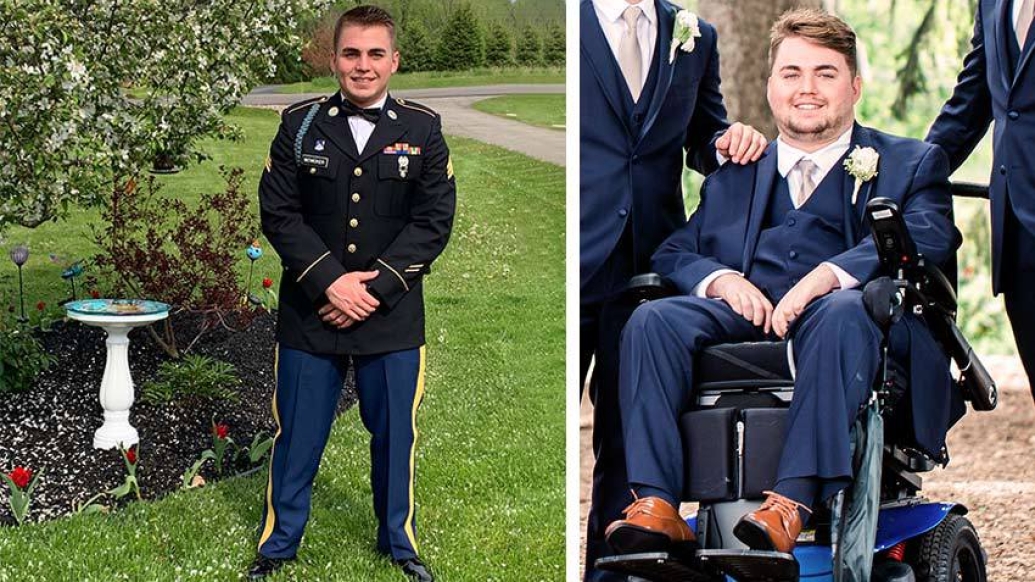 marine standing on one side and other photo in wheelchair dressed 