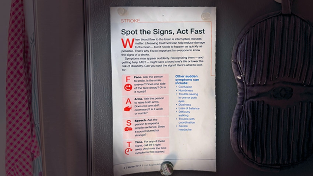 Stroke signs on paper flyer attached to fridge