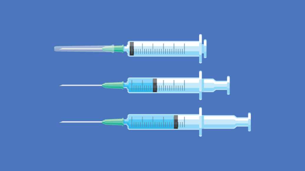 Three syringe needles with vaccines on blue background