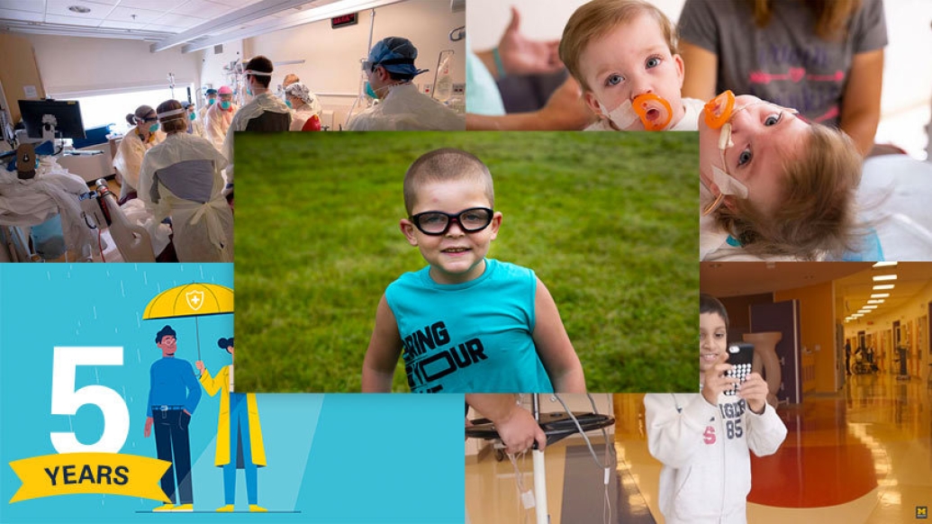 collage of top pictures of a little bou with glasses, twi girls, a person standing an umbrella, kids playing a game and staff all together in hospital room with patient during COVID