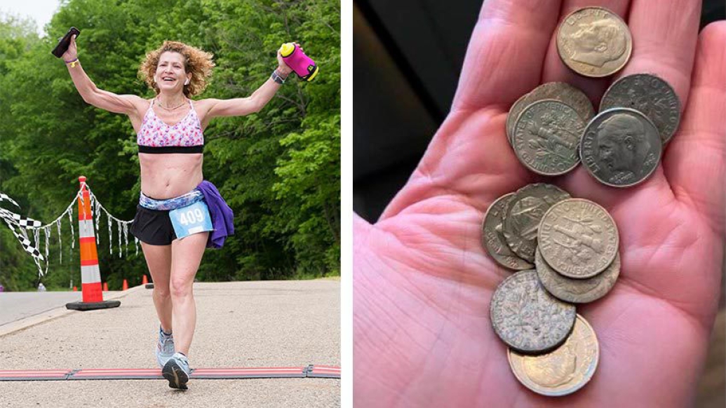 Woman marathon running with handful of dimes