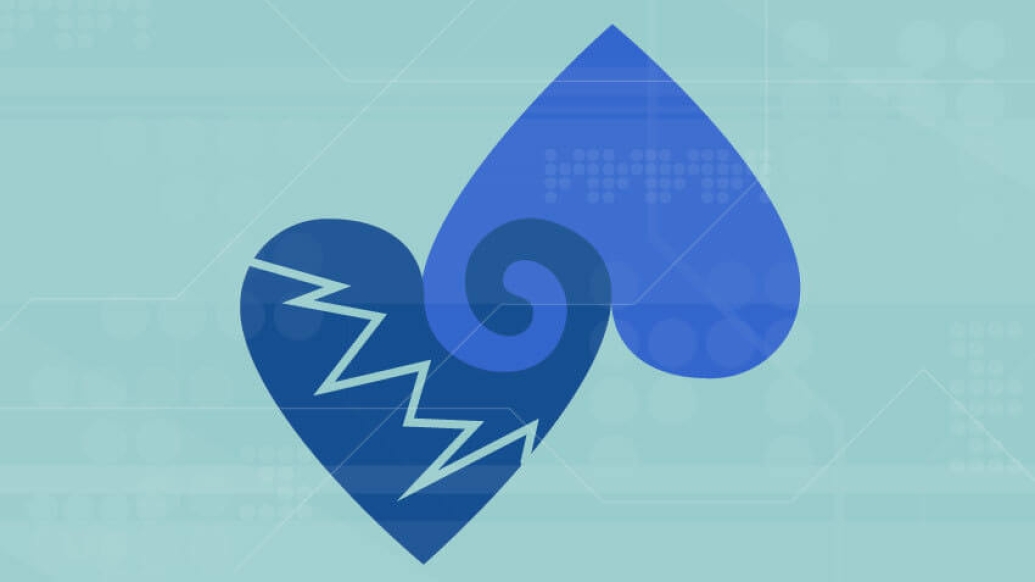 Blue hearts connected from top on light blue background