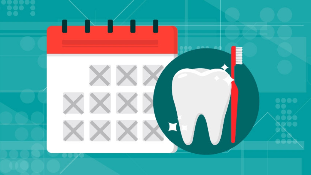 calendar with tooth and red toothbrush with teal background 