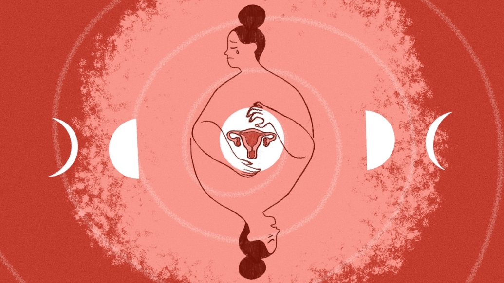 depiction of a woman top and bottom and uterus in middle and red all over and crying sad