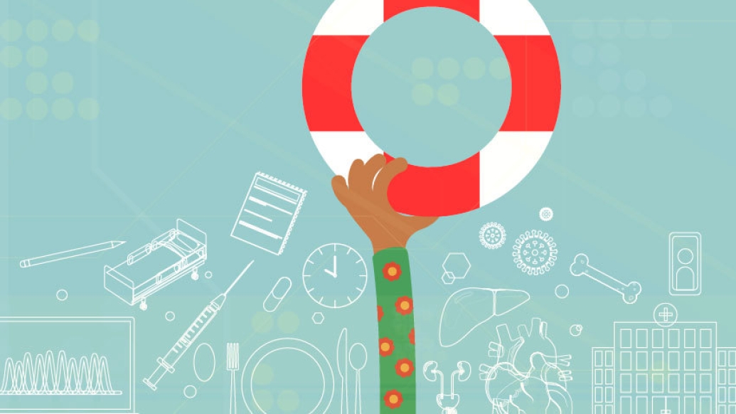 teal background with medical equipment floating around in white with arm reaching out with green sleeve and floatation device that&#039;s red and white.